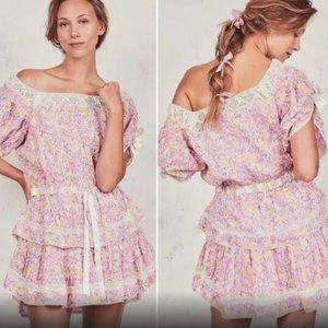 [ EUC ] Loveshackfancy Pink Dorothy Jetset Floral Tired Ruffle Preppy Mini Dress